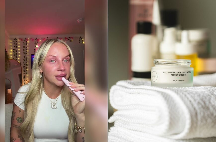 Left: cover still from a TikTok video by @bbylaceyxoxo. Right: skincare bottles and a jar on folded white towels (Unsplash photo by Poko Skincare).