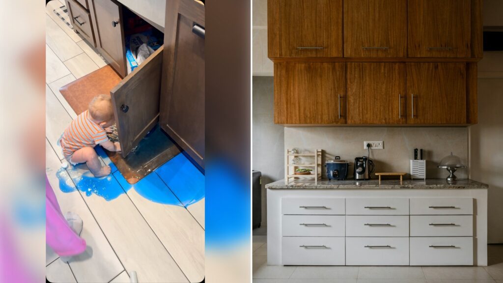 Left: cover still from an Instagram reel by @kelciepickard. Right: a kitchen with wooden upper cabinets and white drawers (Unsplash photo by Sanju Pandita).