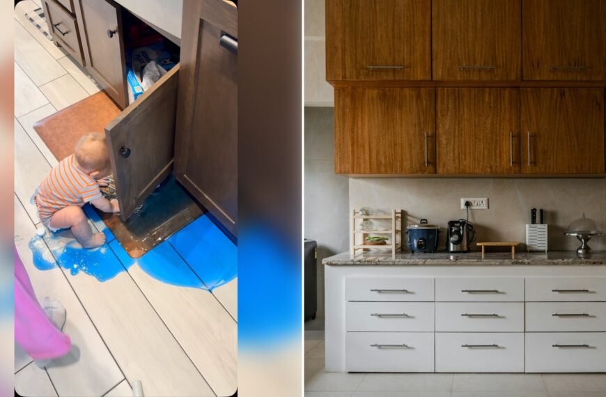 Left: cover still from an Instagram reel by @kelciepickard. Right: a kitchen with wooden upper cabinets and white drawers (Unsplash photo by Sanju Pandita).