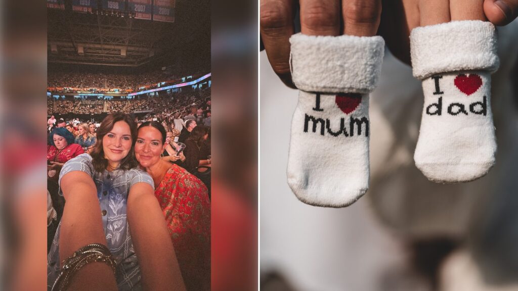 Left: cover still from an Instagram reel by @rheaganschaefer. Right: a pair of baby socks reading I love mum and I love dad (Pexels photo by Milan Stefanovic).