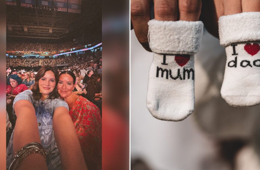Left: cover still from an Instagram reel by @rheaganschaefer. Right: a pair of baby socks reading I love mum and I love dad (Pexels photo by Milan Stefanovic).