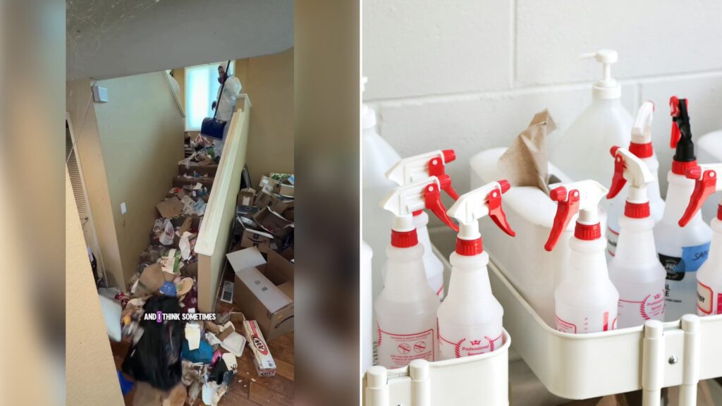 Left: cover still from a TikTok video by @rvlivingwitht. Right: cleaning spray bottles in a white caddy (Unsplash photo by Giorgio Trovato).