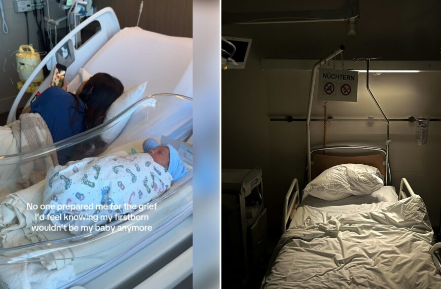Left: cover still from a TikTok video by @haleyrcain. Right: a hospital room with a bed and a monitor (Unsplash photo by Frederic Köberl).