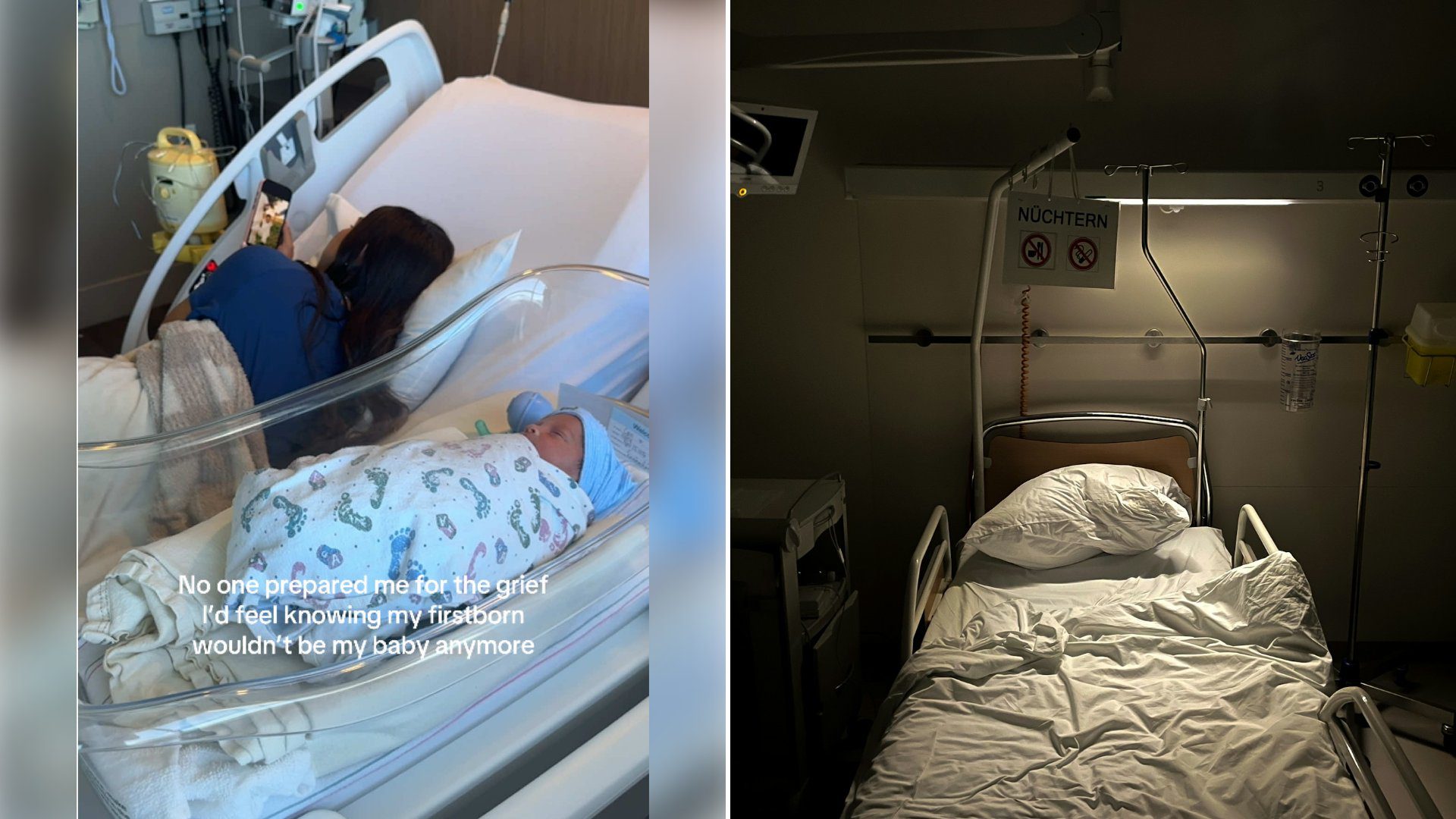 Left: cover still from a TikTok video by @haleyrcain. Right: a hospital room with a bed and a monitor (Unsplash photo by Frederic Köberl).