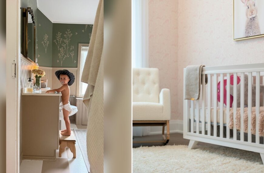 Left: cover still from an Instagram reel by @ashleyvailxoxo. Right: a cozy nursery with a white crib and an armchair (Unsplash photo by Franco Debartolo).