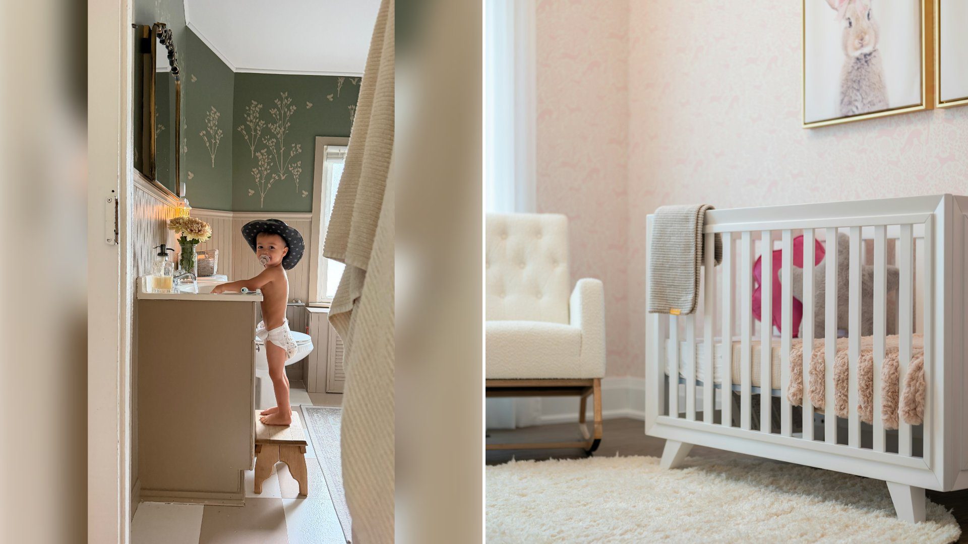 Left: cover still from an Instagram reel by @ashleyvailxoxo. Right: a cozy nursery with a white crib and an armchair (Unsplash photo by Franco Debartolo).