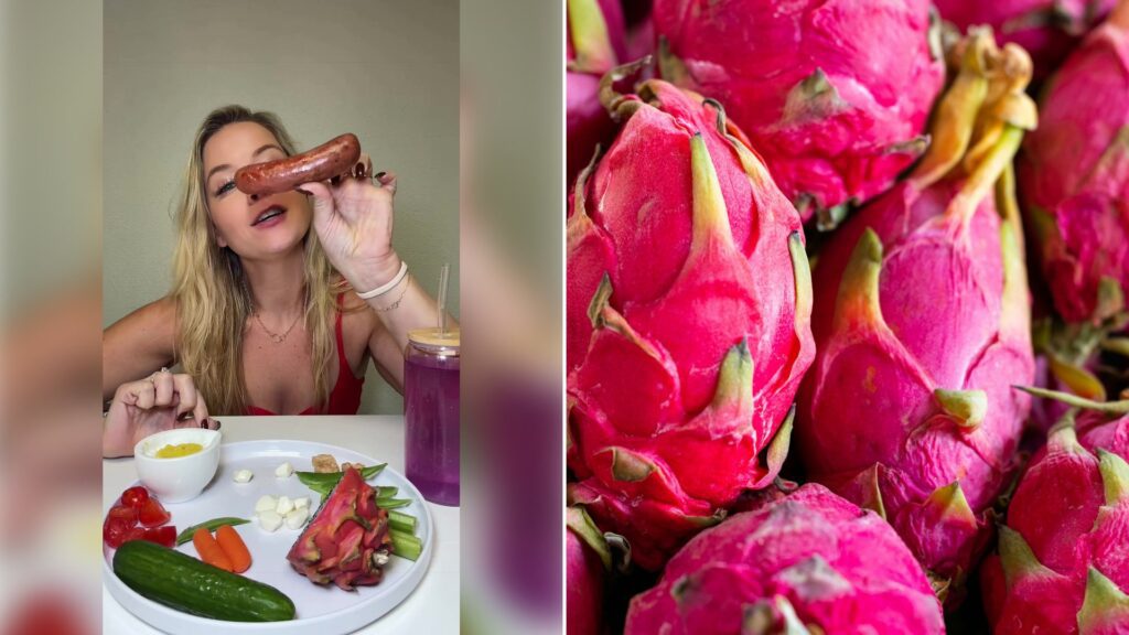 Left: cover still from a TikTok video by @tiffanyymagee. Right: a pile of pink dragon fruit on a table (Unsplash photo by engin akyurt).