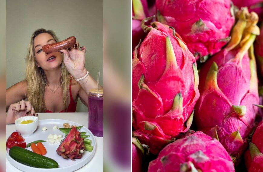 Left: cover still from a TikTok video by @tiffanyymagee. Right: a pile of pink dragon fruit on a table (Unsplash photo by engin akyurt).