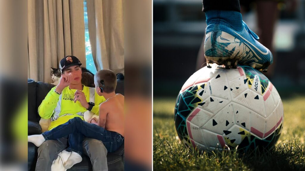 Left: cover still from a TikTok video by @fuhzy909. Right: a white and blue soccer ball on a green grass field (Unsplash photo by Connor Coyne).