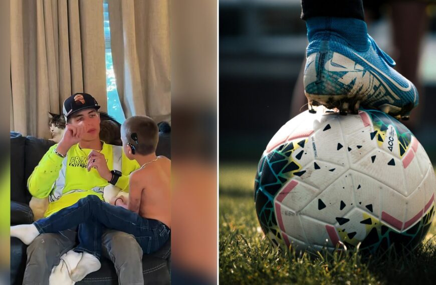 Left: cover still from a TikTok video by @fuhzy909. Right: a white and blue soccer ball on a green grass field (Unsplash photo by Connor Coyne).