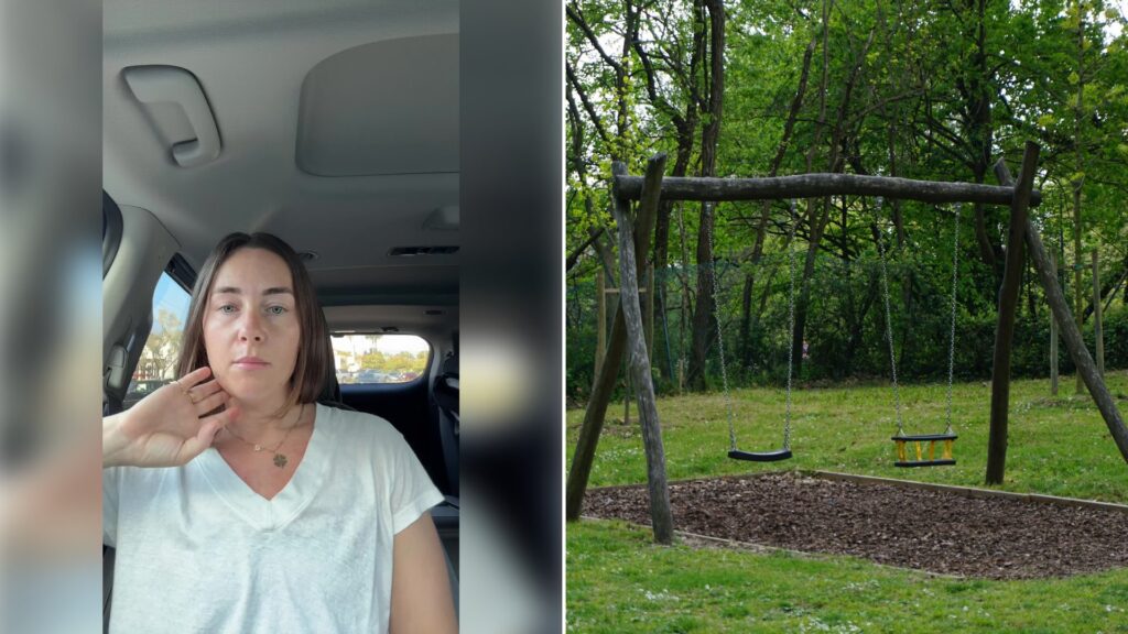 Left: cover still from a TikTok video by @haleyreidtay. Right: a brown wooden swing on a green grass field (Unsplash photo by Babak Habibi).