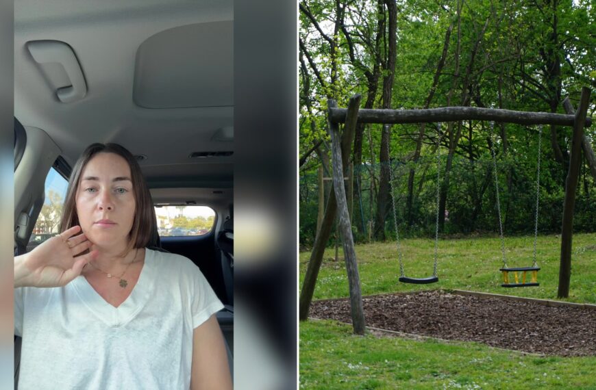 Left: cover still from a TikTok video by @haleyreidtay. Right: a brown wooden swing on a green grass field (Unsplash photo by Babak Habibi).