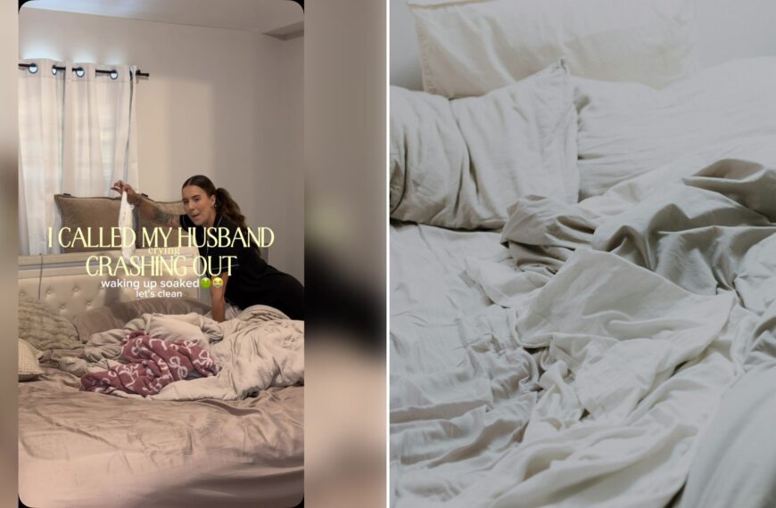 Left: cover still from an Instagram reel by @. Right: rumpled white bed sheets and pillows (Unsplash photo by Priscilla Du Preez).