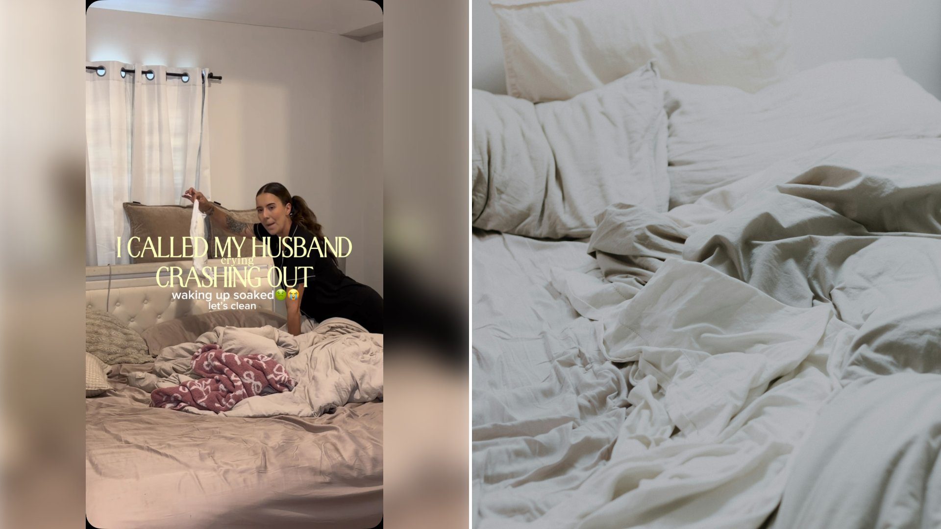 Left: cover still from an Instagram reel by @. Right: rumpled white bed sheets and pillows (Unsplash photo by Priscilla Du Preez).
