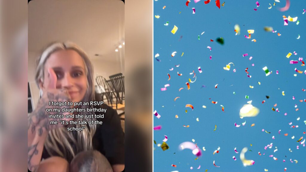 Left: cover still from an Instagram reel by @. Right: colorful confetti against a blue sky (Unsplash photo by Damiano Lingauri).
