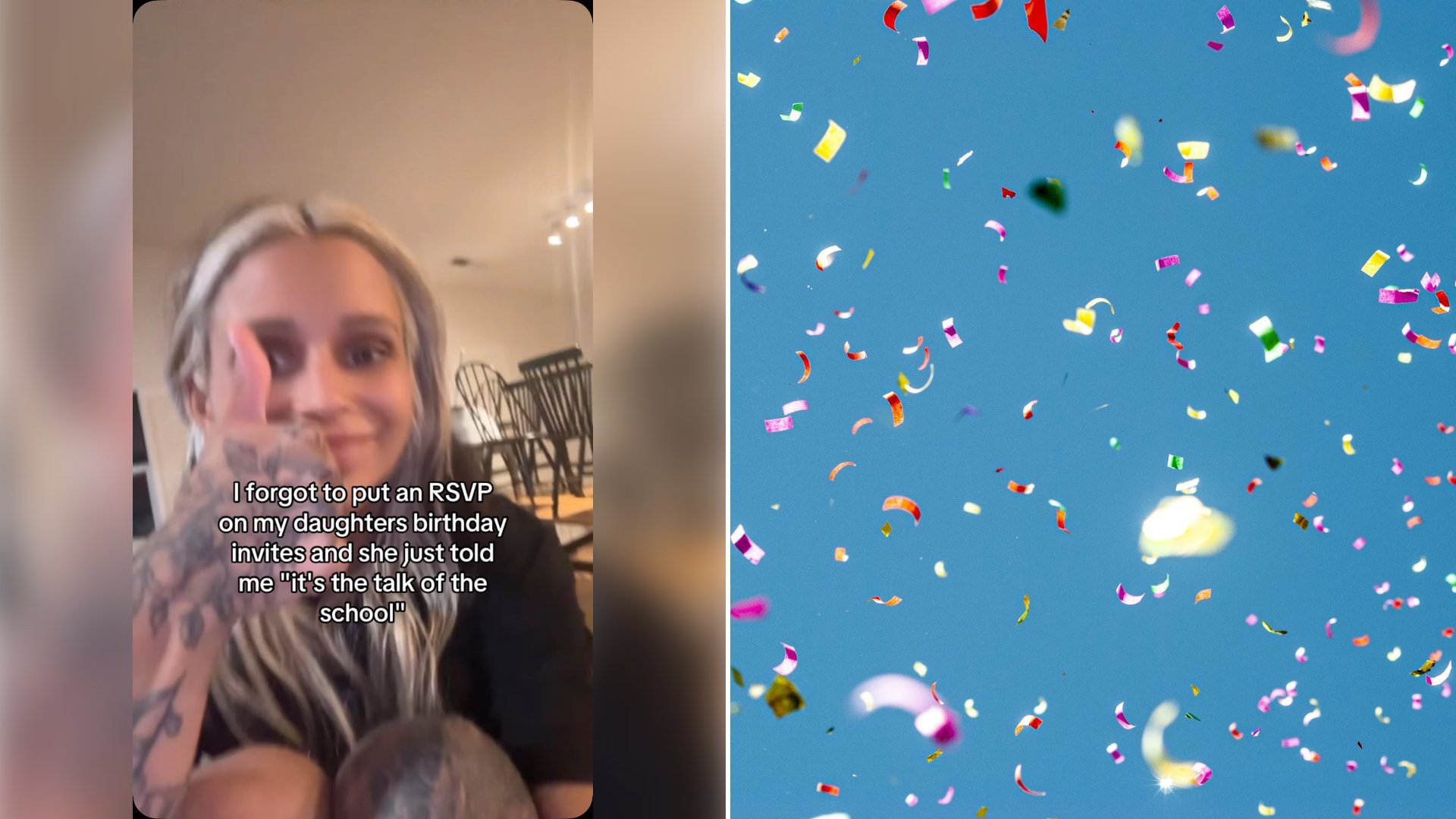 Left: cover still from an Instagram reel by @. Right: colorful confetti against a blue sky (Unsplash photo by Damiano Lingauri).