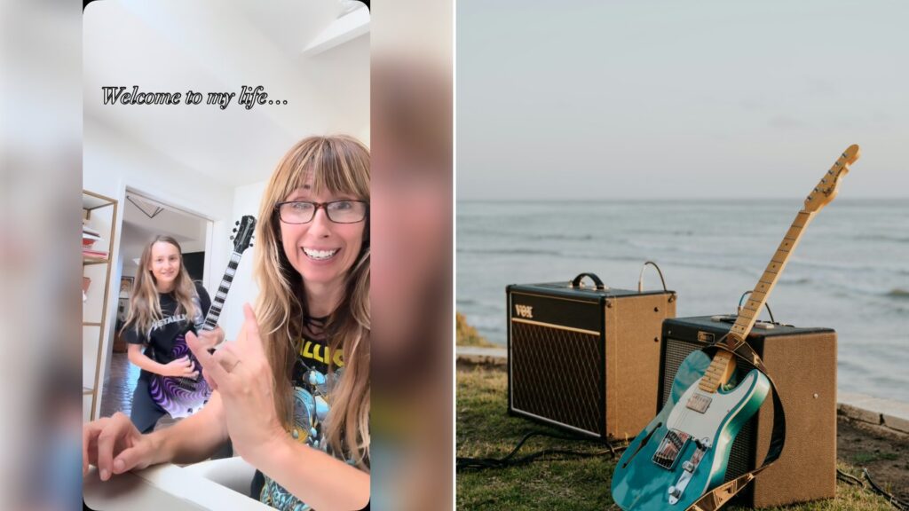 Left: cover still from an Instagram reel by @. Right: a guitar and an amplifier by the sea (Unsplash photo by Sayla Brown).