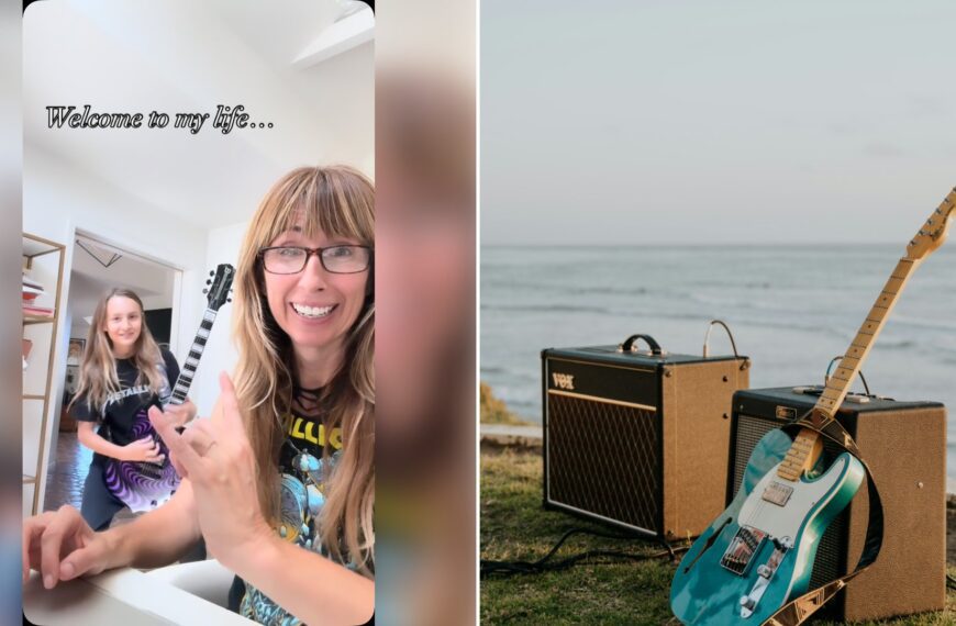 Left: cover still from an Instagram reel by @. Right: a guitar and an amplifier by the sea (Unsplash photo by Sayla Brown).