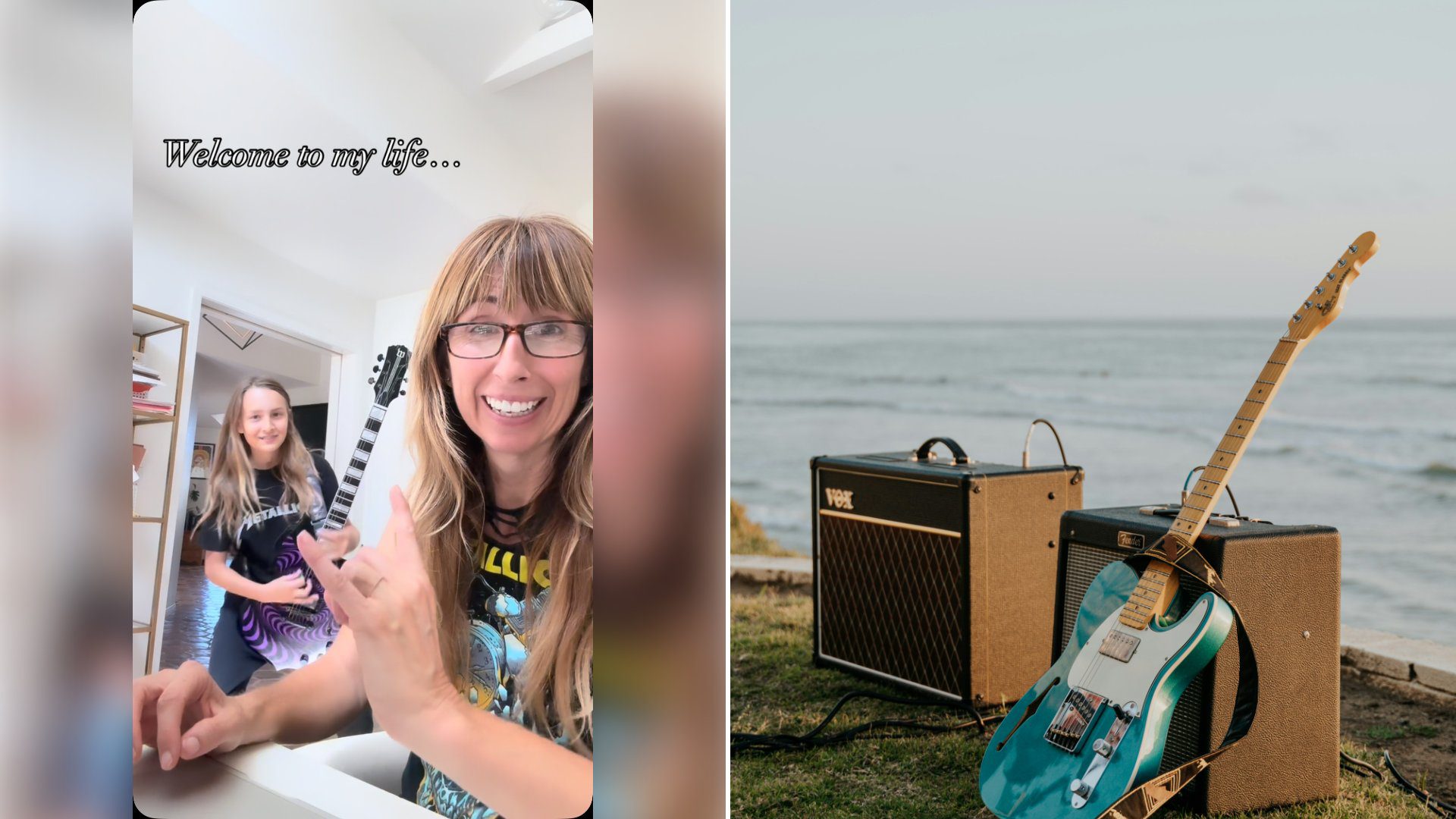 Left: cover still from an Instagram reel by @. Right: a guitar and an amplifier by the sea (Unsplash photo by Sayla Brown).