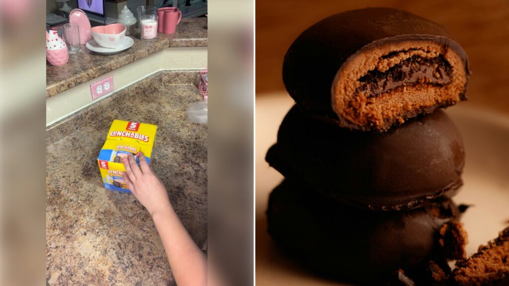 Left: cover still from an Instagram reel by @. Right: stacked chocolate sandwich cookies (Unsplash photo by jesni rawther).