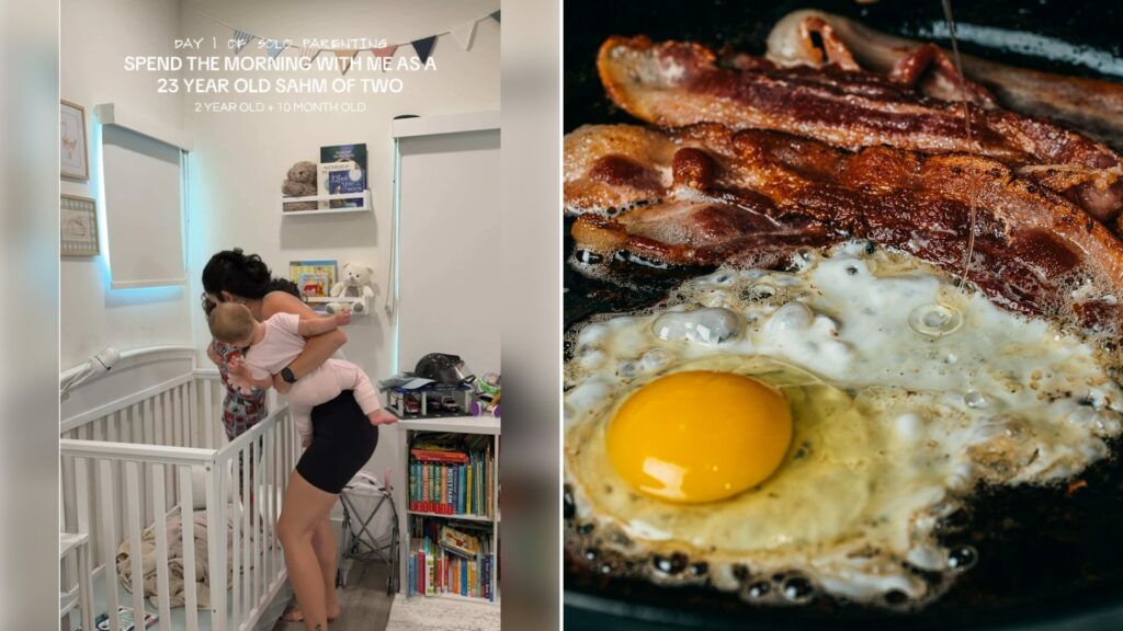Left: cover still from a TikTok video by @nylabrelsford. Right: a fried egg and bacon in a black pan (Unsplash photo by James Kern).