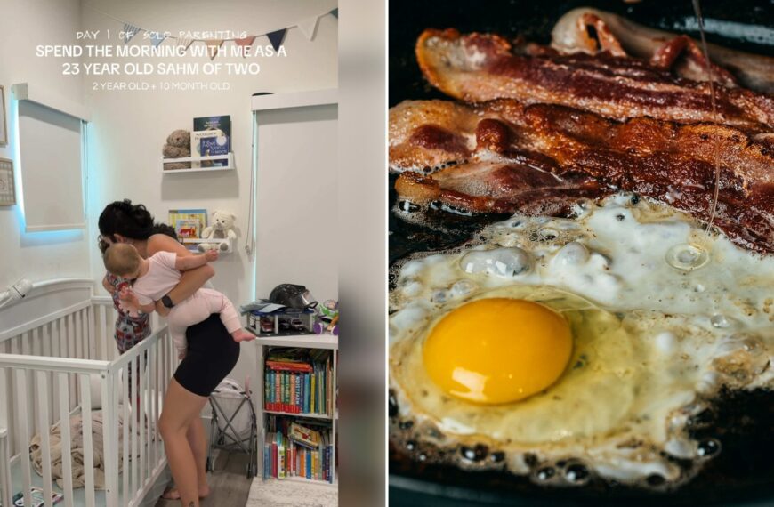 Left: cover still from a TikTok video by @nylabrelsford. Right: a fried egg and bacon in a black pan (Unsplash photo by James Kern).