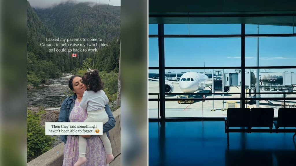 Left: cover still from an Instagram reel by @. Right: an airplane at an airport gate seen through a window (Unsplash photo by D YQ).