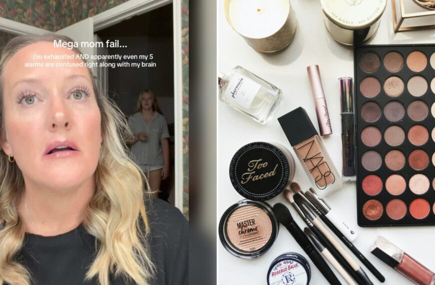 Left: cover still from a TikTok video by @thrify.mom. Right: assorted cosmetics (Unsplash photo by Jazmin Quaynor).
