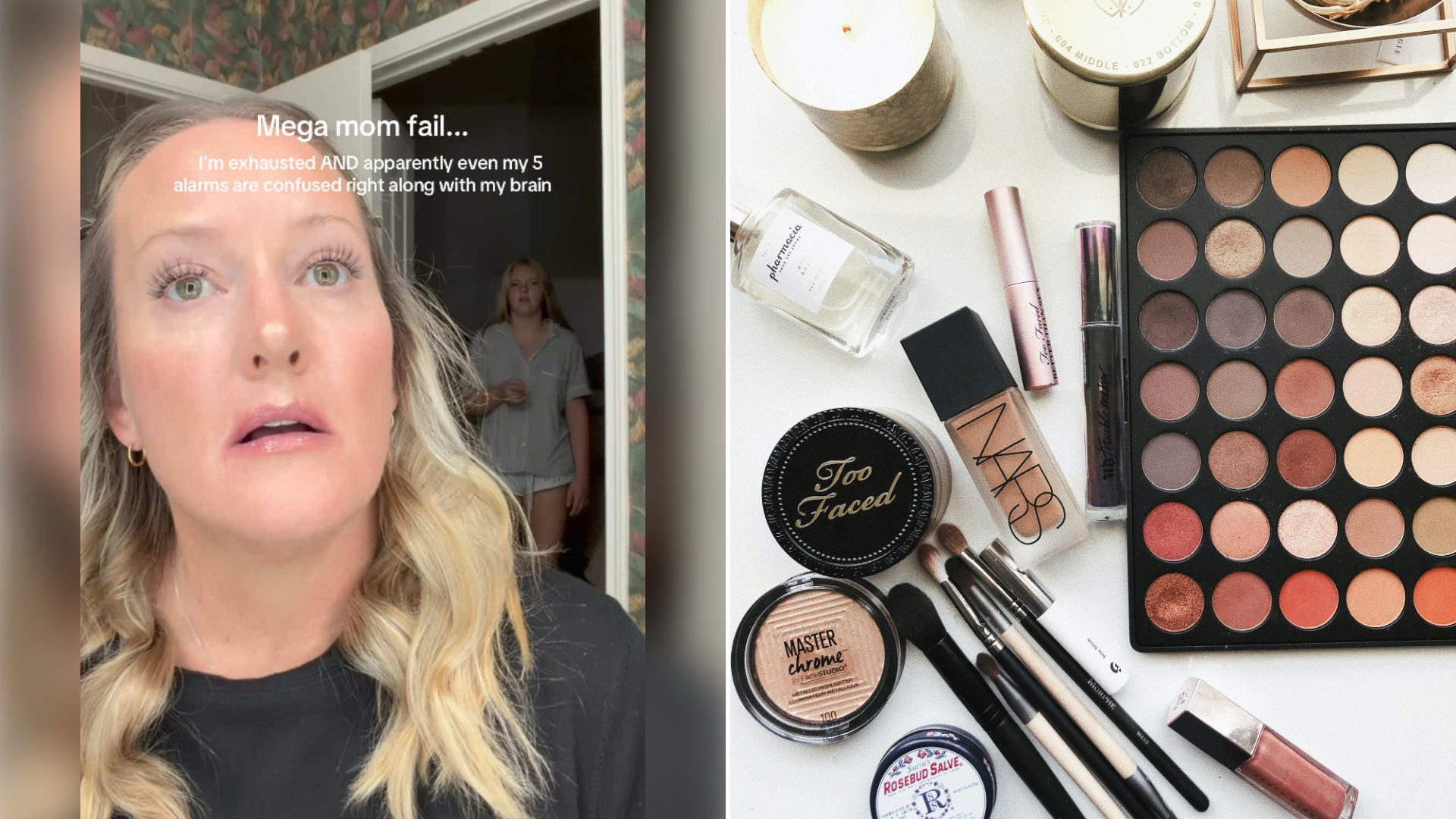 Left: cover still from a TikTok video by @thrify.mom. Right: assorted cosmetics (Unsplash photo by Jazmin Quaynor).