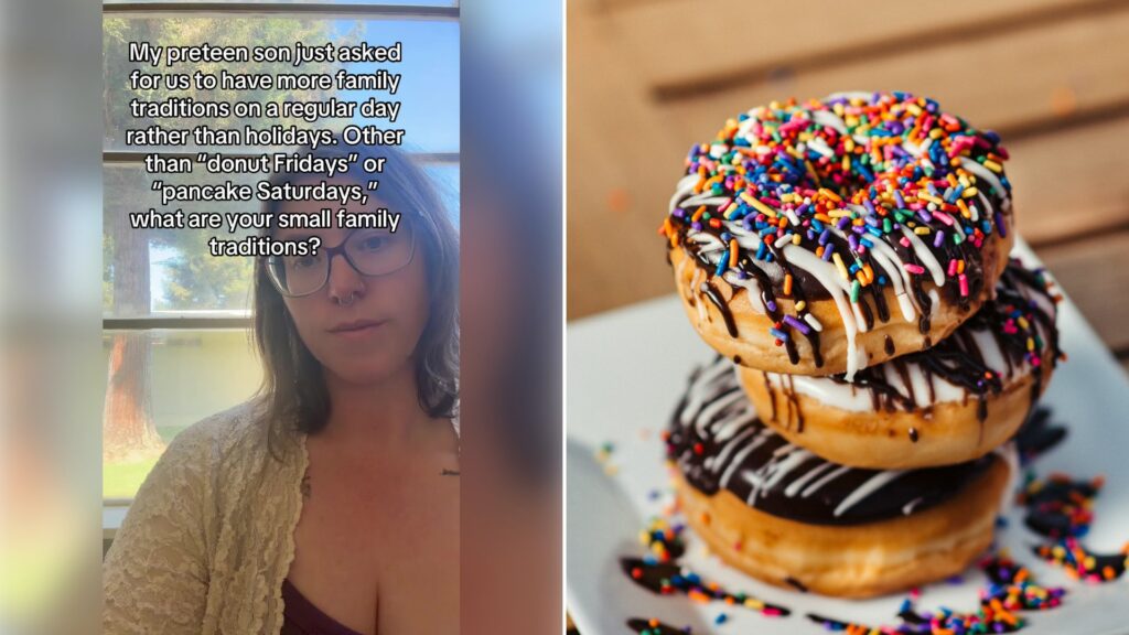 Left: cover still from a TikTok video by @mamabeardteacher. Right: a doughnut with toppings (Unsplash photo by Kobby Mendez).