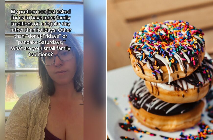 Left: cover still from a TikTok video by @mamabeardteacher. Right: a doughnut with toppings (Unsplash photo by Kobby Mendez).