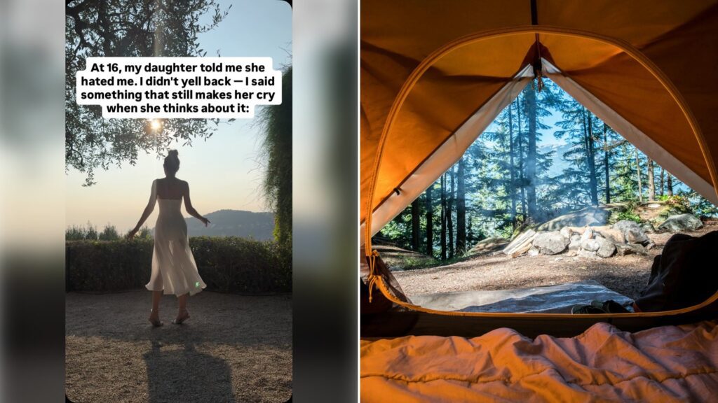 Left: cover still from an Instagram reel by @. Right: the view from inside an orange camping tent (Unsplash photo by Scott Goodwill).