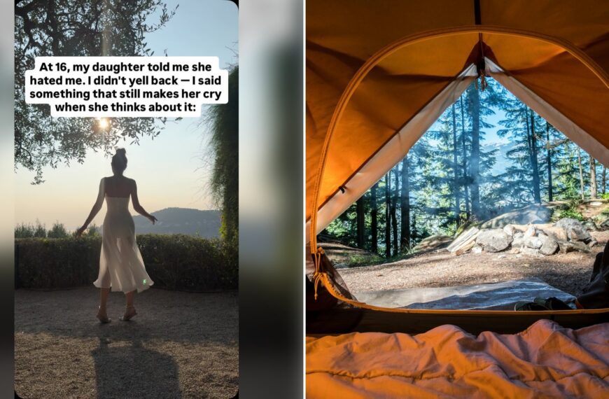 Left: cover still from an Instagram reel by @. Right: the view from inside an orange camping tent (Unsplash photo by Scott Goodwill).