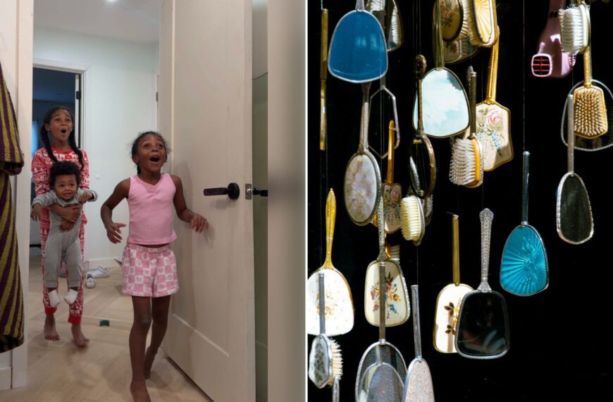 Left: cover still from a TikTok video by @melrwhite. Right: vintage hand mirrors and hairbrushes hanging against a black background (Unsplash photo by Kevin Musumbu).
