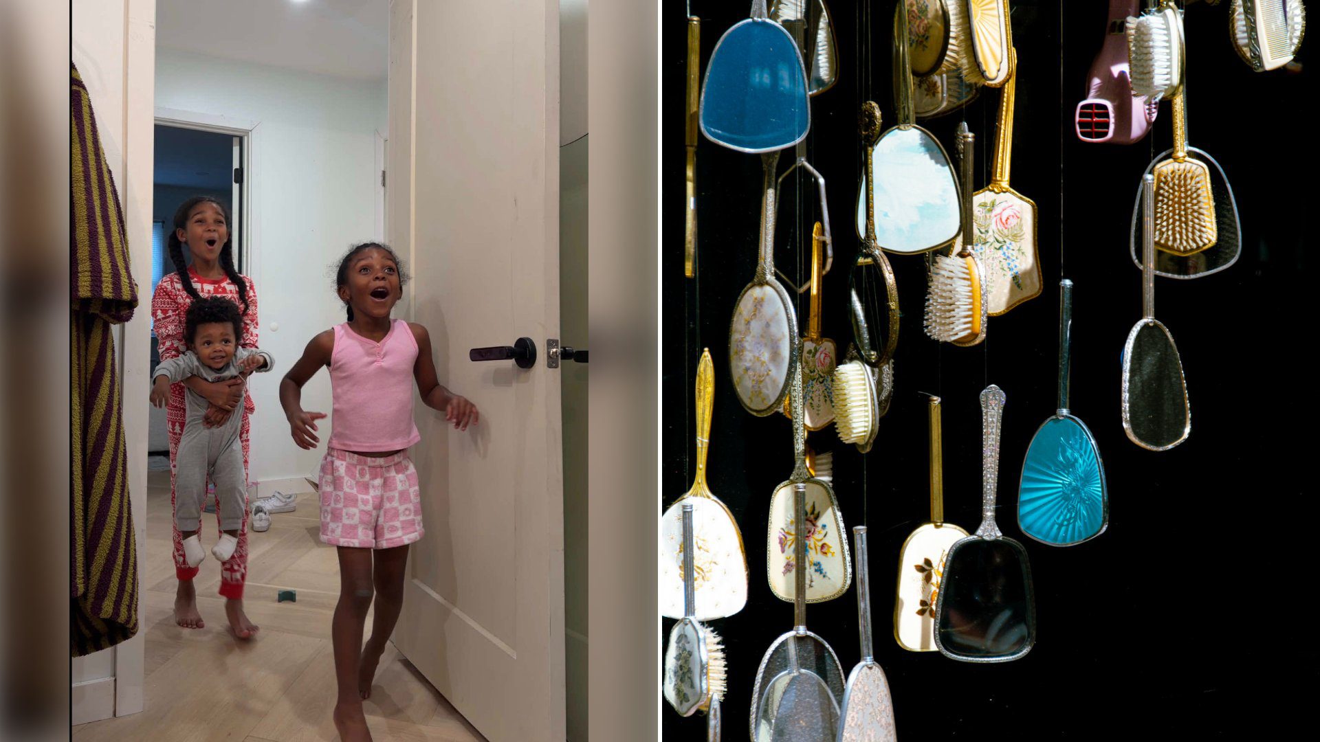 Left: cover still from a TikTok video by @melrwhite. Right: vintage hand mirrors and hairbrushes hanging against a black background (Unsplash photo by Kevin Musumbu).