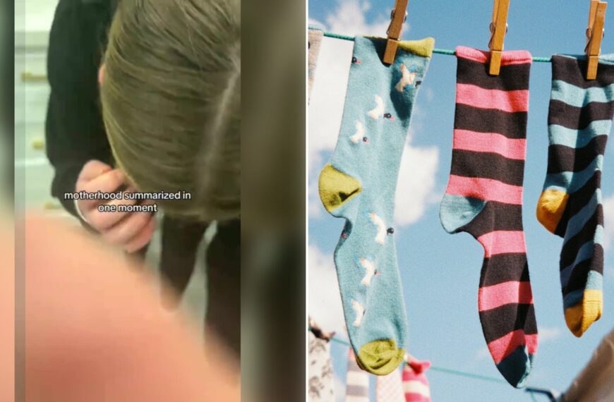 Left: cover still from a TikTok video by @jordinqdc4. Right: blue, white and yellow socks pegged on a line (Unsplash photo by Nick Page).