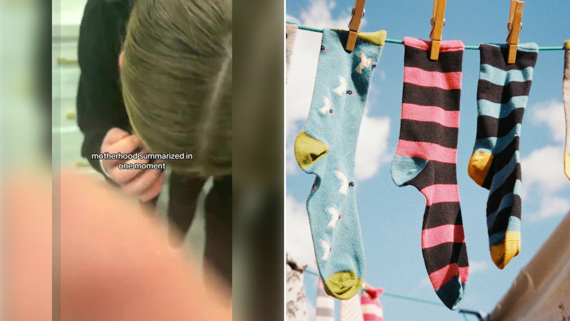 Left: cover still from a TikTok video by @jordinqdc4. Right: blue, white and yellow socks pegged on a line (Unsplash photo by Nick Page).