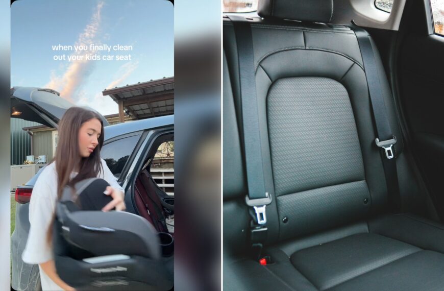 Left: cover still from an Instagram reel by @. Right: a black leather car seat (Unsplash photo by Erik Mclean).
