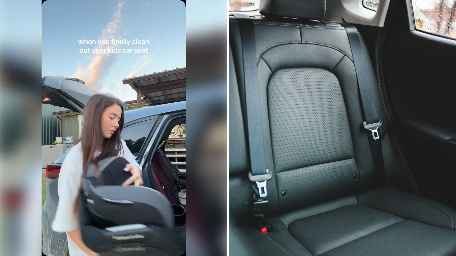 Left: cover still from an Instagram reel by @. Right: a black leather car seat (Unsplash photo by Erik Mclean).