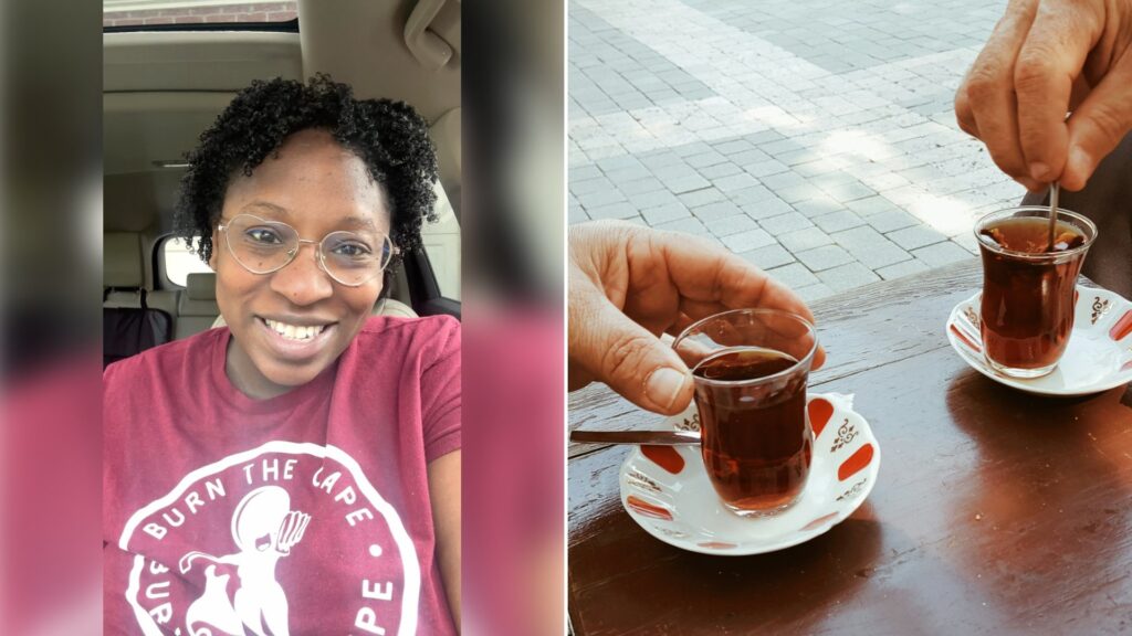 Left: cover still from an Instagram reel by @. Right: a hand stirring a small cup of tea (Unsplash photo by Zeynep S.).