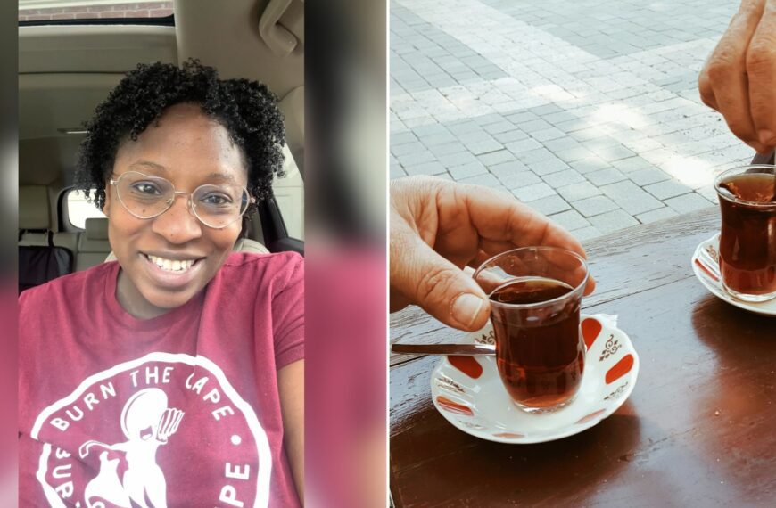Left: cover still from an Instagram reel by @. Right: a hand stirring a small cup of tea (Unsplash photo by Zeynep S.).