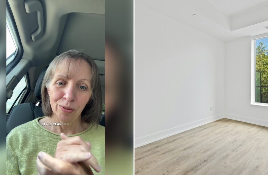Left: cover still from a TikTok video by @mom.behind.the.scenes. Right: an empty room with a large window (Unsplash photo by Point3D Commercial Imaging Ltd.).