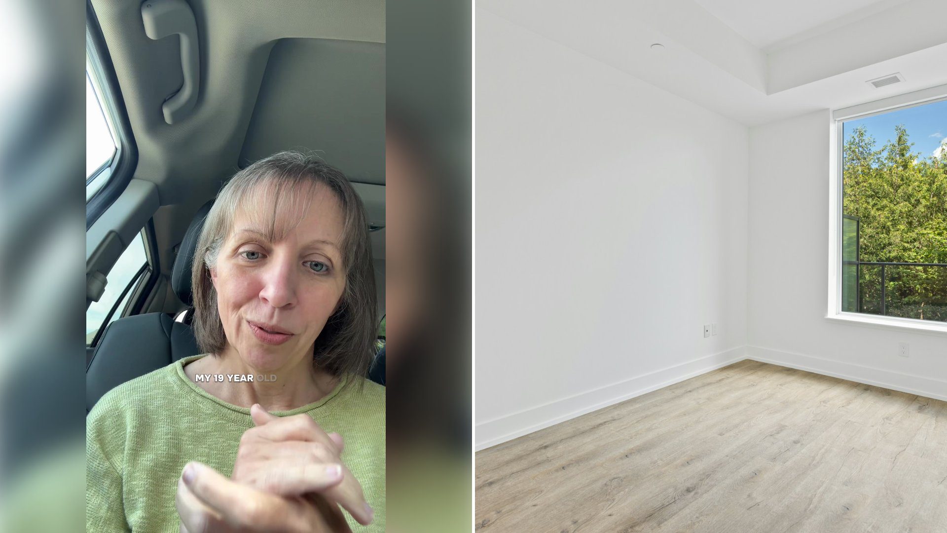Left: cover still from a TikTok video by @mom.behind.the.scenes. Right: an empty room with a large window (Unsplash photo by Point3D Commercial Imaging Ltd.).