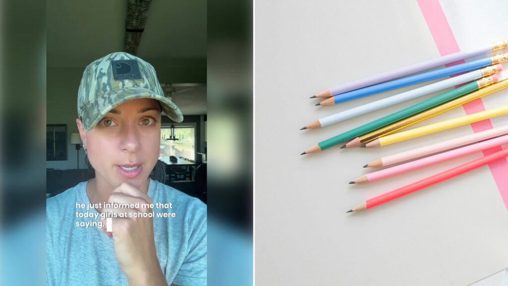 Left: cover still from a TikTok video by @happilyhillary. Right: assorted-color pencils on a white surface (Unsplash photo by Dee).