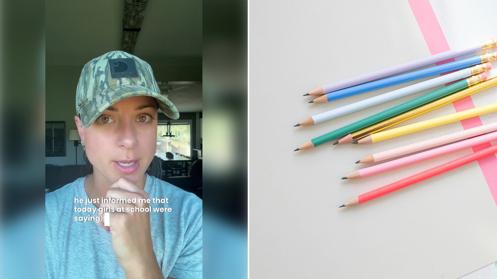 Left: cover still from a TikTok video by @happilyhillary. Right: assorted-color pencils on a white surface (Unsplash photo by Dee).
