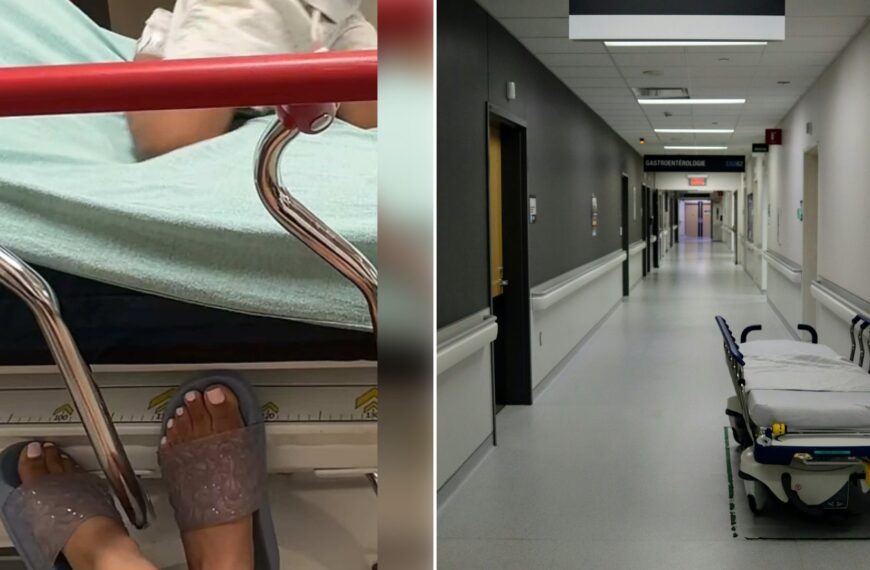 Left: cover still from a TikTok video by @satomihikaru. Right: a hospital hallway with a stretcher (Unsplash photo by Miguel Ausejo).