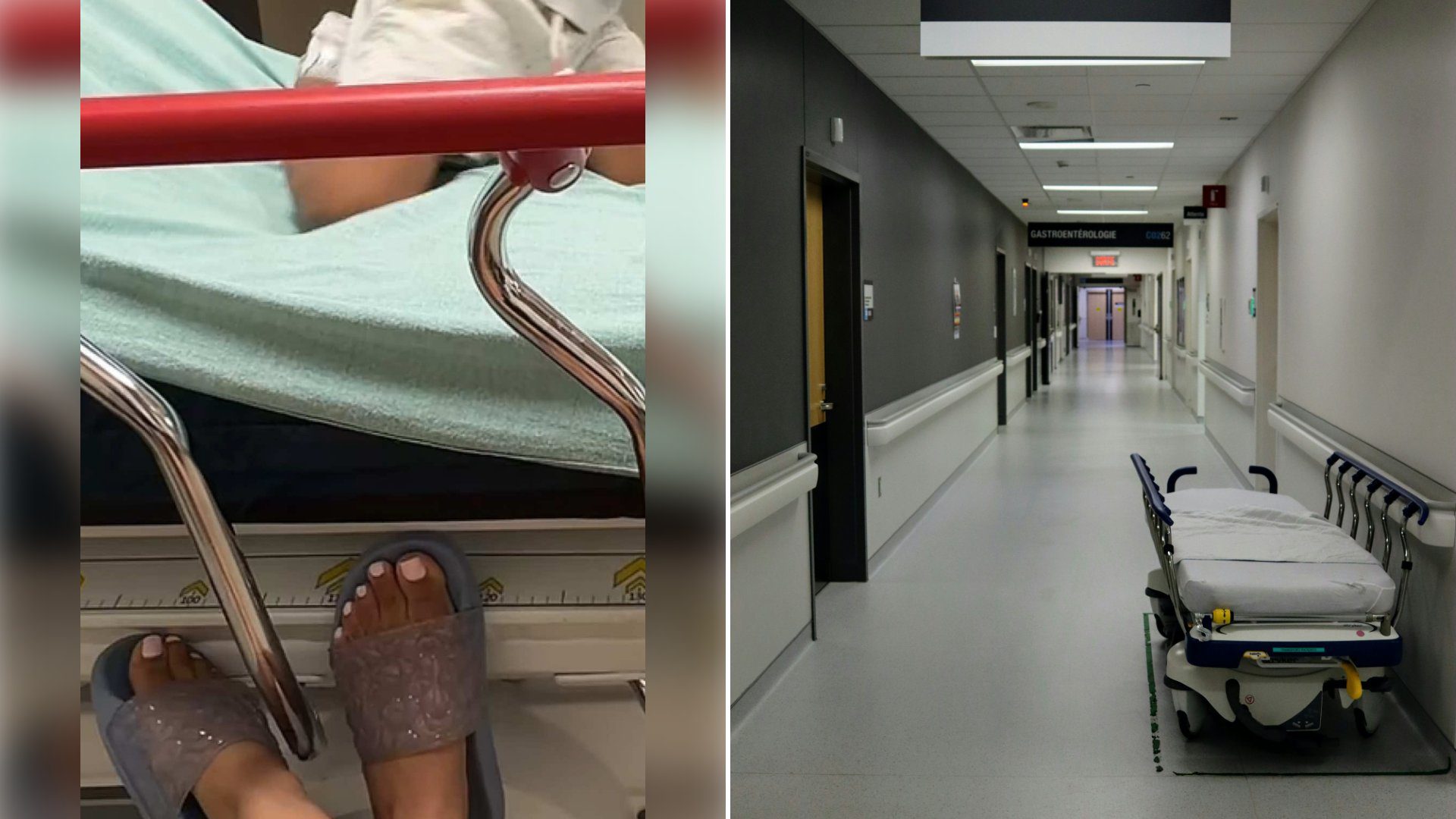Left: cover still from a TikTok video by @satomihikaru. Right: a hospital hallway with a stretcher (Unsplash photo by Miguel Ausejo).