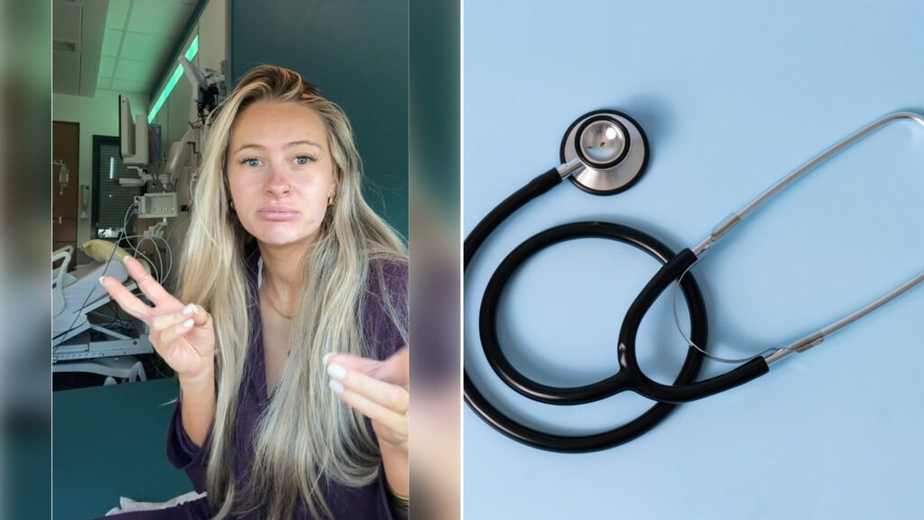 Left: cover still from a TikTok video by @kylieapitts. Right: a black stethoscope on a light blue background (Unsplash photo by Etactics Inc).
