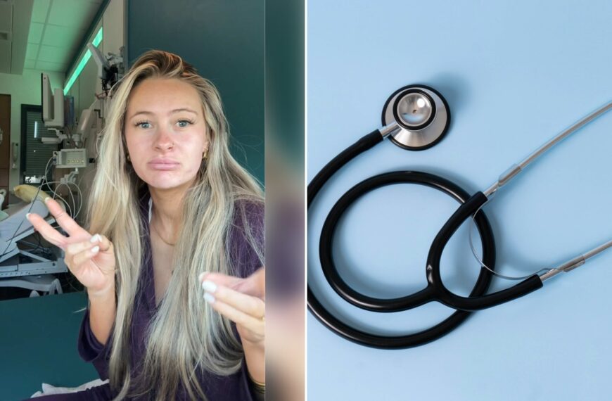Left: cover still from a TikTok video by @kylieapitts. Right: a black stethoscope on a light blue background (Unsplash photo by Etactics Inc).