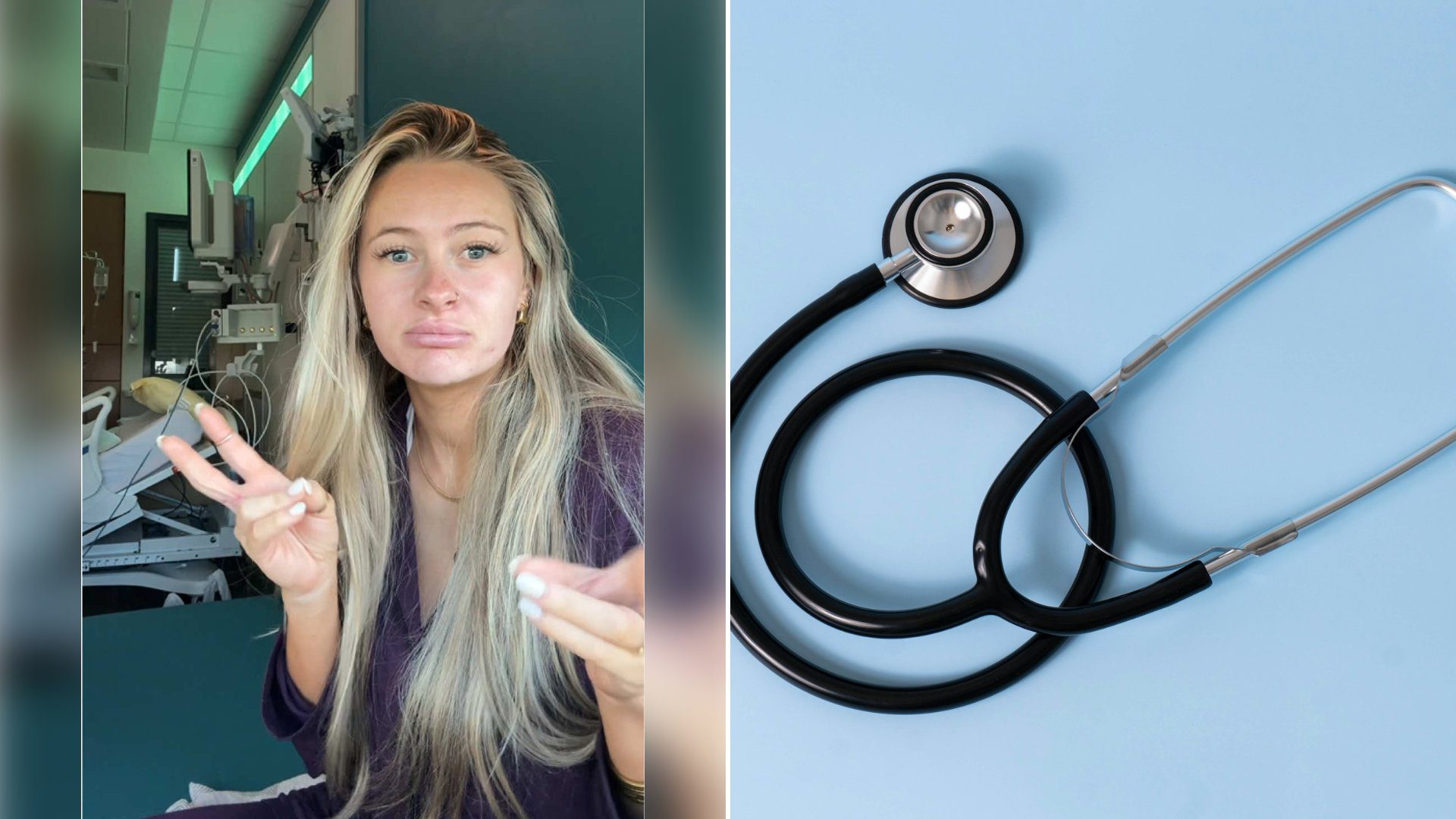 Left: cover still from a TikTok video by @kylieapitts. Right: a black stethoscope on a light blue background (Unsplash photo by Etactics Inc).